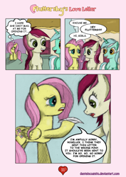 Size: 1200x1697 | Tagged: safe, artist:danteincognito, fluttershy, lyra heartstrings, roseluck, pegasus, pony, comic, fluttershy's love letter, hearts and hooves day, letter, valentine's day card