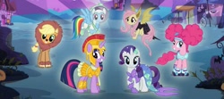 Size: 720x319 | Tagged: safe, derpibooru import, applejack, fluttershy, pinkie pie, rainbow dash, rarity, twilight sparkle, twilight sparkle (alicorn), alicorn, earth pony, mermaid, pony, animal costume, applelion, armor, astrodash, athena sparkle, clothes, costume, flutterbat costume, halloween, holiday, mane six, mermarity, nightmare night, official, pinkie puffs