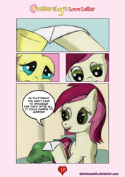 Size: 1200x1697 | Tagged: safe, artist:danteincognito, fluttershy, roseluck, pegasus, pony, comic, fluttershy's love letter, hearts and hooves day, letter, valentine's day