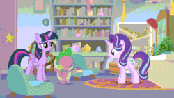 Size: 800x450 | Tagged: safe, screencap, phyllis, spike, starlight glimmer, twilight sparkle, twilight sparkle (alicorn), alicorn, dragon, pony, unicorn, a horse shoe-in, animated, gif, starlight's office, winged spike