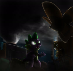 Size: 2652x2593 | Tagged: safe, artist:otakuap, applejack, spike, oc, oc:fluffy the bringer of darkness, dragon, earth pony, insect, moth, pony, animal, cross-eyed, dark, duo, fangs, fight, flying, giant insect, giant moth, glare, godzilla (series), godzilla 2014, kitchen, male, mothra, observer, open mouth, parody, smoke