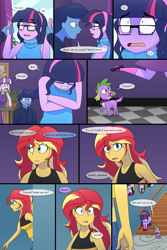 Size: 1280x1920 | Tagged: safe, artist:jase1505, artist:verumtee, night light, sci-twi, spike, spike the regular dog, sunset shimmer, twilight sparkle, twilight velvet, oc, oc:golden hour, dog, human, comic:confessions, series:sunlight horizons, equestria girls, comic, equestria girls-ified, female, lesbian, running, scared, scitwishimmer, shipping, sunsetsparkle, sweat, worried