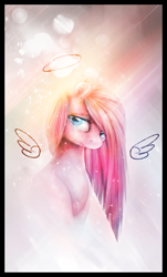 Size: 897x1490 | Tagged: safe, artist:ventious, pinkie pie, earth pony, pony, bubble, halo, lens flare, pinkamena diane pie, solo, wings