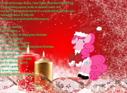 Size: 930x681 | Tagged: safe, pinkie pie, earth pony, pony, candle, christmas, clothes, hat, lyrics, nostalgia critic, santa costume, santa hat, vulgar, youtube link