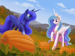 Size: 900x675 | Tagged: safe, artist:joellethenose, princess celestia, princess luna, alicorn, pony, cloud, female, jewelry, mare, mountain, open mouth, outdoors, pumpkin, pumpkin patch, raised hoof, regalia, signature, sky, smiling, standing, wip