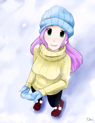 Size: 1700x2200 | Tagged: safe, artist:kprovido, fluttershy, human, beanie, clothes, hat, humanized, snow, snowfall, solo, sweatershy