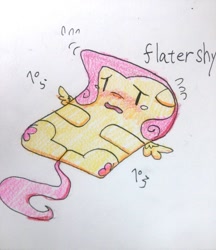 Size: 886x1024 | Tagged: safe, artist:yajima, fluttershy, pegasus, pony, blushing, color, flattened, pun, solo, traditional art, transformation, visual pun