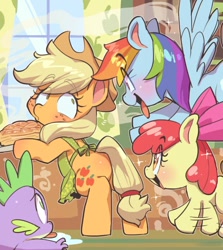 Size: 666x746 | Tagged: safe, artist:jirousan, derpibooru import, apple bloom, applejack, rainbow dash, spike, dragon, earth pony, pegasus, pony, apple pie, apron, bow, clothes, cute, excited, eyes on the prize, female, filly, food, freckles, hair bow, hat, male, mare, naked apron, open mouth, pie, rainbow dash likes pie, tongue out