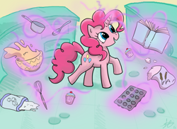Size: 3429x2500 | Tagged: safe, artist:scarabdynasty1, pinkie pie, pony, unicorn, baking, book, bowl, cake, cooking, flour, food, magic, race swap, saucepan, solo, spoon, sugar (food), whisk, xk-class end-of-the-world scenario