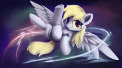 Size: 1920x1080 | Tagged: safe, artist:hitbass, derpy hooves, pegasus, pony, featureless crotch, female, flying, leaning back, looking at you, mare, smiling, solo, space, spread wings, underhoof, wings