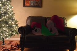 Size: 2464x1632 | Tagged: safe, artist:oppositebros, pinkie pie, blanket, christmas tree, irl, photo, ponies in real life, sofa, solo, tree