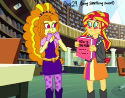 Size: 2000x1576 | Tagged: safe, artist:ktd1993, adagio dazzle, sunset shimmer, equestria girls, 30 day otp challenge, blushing, book, crying, female, lesbian, shipping, sunsagio, tears of joy