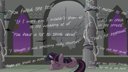 Size: 900x506 | Tagged: safe, artist:derp1a, derpibooru import, twilight sparkle, broken, disembodied thoughts, insult, sad, solo