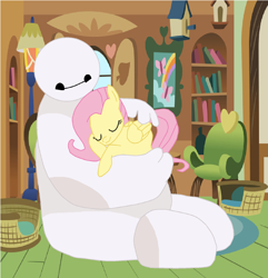 Size: 1568x1624 | Tagged: safe, artist:pikachuandpichu106, fluttershy, pegasus, pony, baymax, big hero 6, crossover, cuddling, cute, eyes closed, holding a pony, hug, sleeping, smiling, snuggling