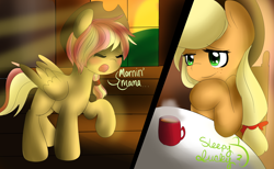 Size: 2000x1234 | Tagged: safe, artist:sunniedoodles, applejack, oc, earth pony, pegasus, pony, coffee mug, hat, magical lesbian spawn, morning ponies, offspring, parent:applejack, parent:fluttershy, parents:appleshy