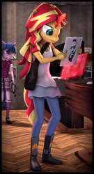 Size: 3310x6120 | Tagged: safe, artist:imafutureguitarhero, sci-twi, sunset shimmer, twilight sparkle, anthro, plantigrade anthro, unicorn, equestria girls, 3d, abbey road, arm freckles, bag, boots, border, chest freckles, chromatic aberration, clothes, dress, duo, female, film grain, freckles, gary clark jr, glasses, glowing horn, handbag, jeans, leather boots, led zeppelin, levitation, long hair, magic, mare, multicolored hair, multicolored tail, pants, pink floyd, queen (band), record, record store, sgt. pepper's lonely hearts club band, shoes, signature, skirt, source filmmaker, telekinesis, the dark side of the moon, vertical