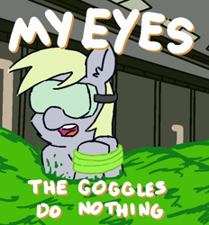 Size: 650x700 | Tagged: safe, artist:threetwotwo32232, derpy hooves, pegasus, pony, 30 minute art challenge, dialogue, female, mare, my eyes, my eyes the goggles do nothing, parody, safety goggles, solo, the simpsons