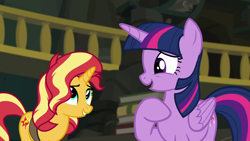 Size: 1920x1080 | Tagged: safe, screencap, sunset shimmer, twilight sparkle, twilight sparkle (alicorn), alicorn, pony, better together, equestria girls, forgotten friendship, book, cutie mark, female, mare