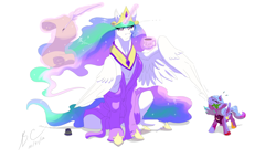 Size: 3486x2000 | Tagged: safe, artist:cabbion, princess celestia, princess luna, alicorn, pony, age regression, celestia is not amused, clothes, filly, magic, mug, quill, robe, scroll, simple background, sitting, telekinesis, unamused, wing bite, woona