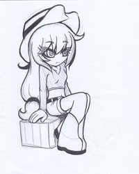 Size: 575x720 | Tagged: safe, artist:reikosketch, applejack, human, humanized, monochrome, sitting, solo, traditional art