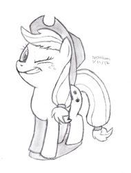 Size: 780x1024 | Tagged: safe, artist:drchrisman, applejack, earth pony, pony, monochrome, solo, traditional art, wink