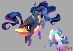 Size: 2198x1529 | Tagged: safe, artist:alumx, princess celestia, princess luna, alicorn, pony, banana, simple background