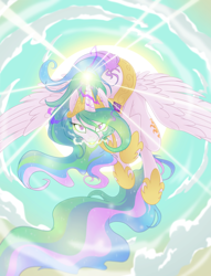 Size: 3900x5100 | Tagged: safe, artist:equestria-prevails, princess celestia, alicorn, pony, backlighting, crepuscular rays, dark magic, epic, flying, glowing eyes, magic, solo, sun