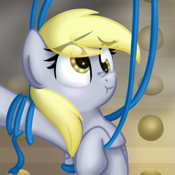 Size: 801x800 | Tagged: safe, artist:littleblackraencloud, derpy hooves, pegasus, pony, bust, eye clipping through hair, female, mare, scrunchy face, solo, tangled up