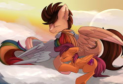 Size: 4076x2804 | Tagged: safe, artist:beardie, derpibooru import, rainbow dash, scootaloo, oc, oc:skittle, pegasus, pony, canon x oc, cloud, commission, cuddling, cute, scootalove, skidash