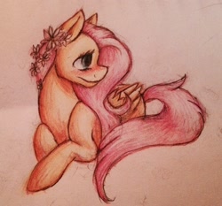 Size: 2048x1908 | Tagged: safe, artist:justalittleshadow, fluttershy, pegasus, pony, flower in hair, solo, traditional art