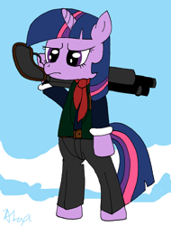 Size: 2000x2626 | Tagged: artist needed, safe, derpibooru import, twilight sparkle, booker dewitt, gun, solo