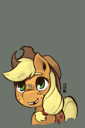 Size: 730x1095 | Tagged: safe, artist:inkwel-mlp, applejack, earth pony, pony, bandaid, gap teeth, injured, simple background, solo, younger