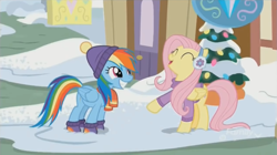 Size: 1350x757 | Tagged: safe, derpibooru import, screencap, fluttershy, rainbow dash, pegasus, pony, best gift ever, boots, clothes, cute, dashabetes, duo, earmuffs, hat, scarf, shoes, shyabetes, smiling, snow, sweater, winter, winter outfit