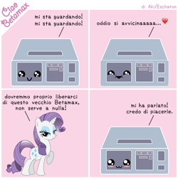 Size: 795x795 | Tagged: safe, artist:ciaobetamax, rarity, oc, oc:betamax, pony, unicorn, bedroom eyes, betamax, blushing, born in the 80's, comic, cute, generation y, heart, humor, italian, obsolescence, symbolism