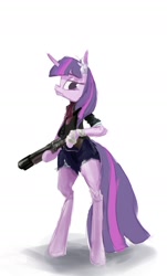 Size: 790x1310 | Tagged: safe, artist:palibyte, derpibooru import, twilight sparkle, unicorn twilight, semi-anthro, unicorn, bipedal, booker dewitt, gun, ponified, shotgun, solo