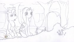 Size: 2376x1348 | Tagged: safe, artist:parallel black, fluttershy, pegasus, pony, cedric (filly funtasia), crossover, filly funtasia, forest, grave, monochrome, whitetail woods, wip