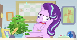Size: 614x321 | Tagged: safe, screencap, phyllis, starlight glimmer, pony, a horse shoe-in, cropped, derp, faic, solo, starlight glimmer is best facemaker, starlight's office, wavy mouth
