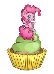 Size: 489x677 | Tagged: safe, artist:chiuuchiuu, pinkie pie, earth pony, pony, chibi, cupcake, simple background, solo, transparent background