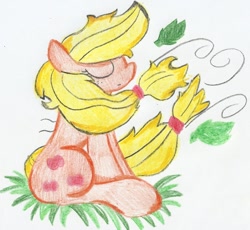 Size: 931x858 | Tagged: safe, artist:blanquiwiis, applejack, earth pony, pony, eyes closed, sitting, solo, traditional art, windswept mane