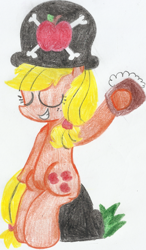 Size: 659x1125 | Tagged: safe, artist:blanquiwiis, applejack, earth pony, pony, eyes closed, hat, sitting, solo, traditional art