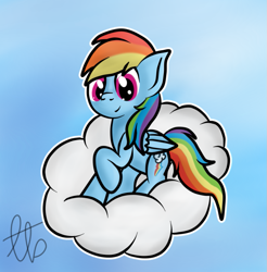 Size: 887x900 | Tagged: safe, artist:laptopbrony, derpibooru import, rainbow dash, pegasus, pony, cloud, cute, looking at you, raised hoof, sitting, smiling, solo