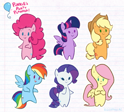 Size: 963x872 | Tagged: safe, artist:egophiliac, derpibooru import, applejack, fluttershy, pinkie pie, rainbow dash, rarity, twilight sparkle, twilight sparkle (alicorn), alicorn, earth pony, pegasus, pony, unicorn, bipedal, chibi, female, freckles, hooves together, lidded eyes, lined paper, mane six, mare, open mouth, smiling