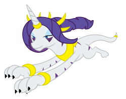 Size: 2500x1970 | Tagged: safe, artist:gatesmccloud, artist:skyspeardraw, rarity, demon pony, bedroom eyes, chaos, claws, cmc10k, comic, corrupted, horn ring, jumping, simple background, slit eyes, smiling, solo, species swap, transparent background, vector