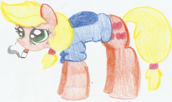 Size: 1024x611 | Tagged: safe, artist:blanquiwiis, applejack, earth pony, pony, cigarette, clothes, sad, smoking, solo, traditional art