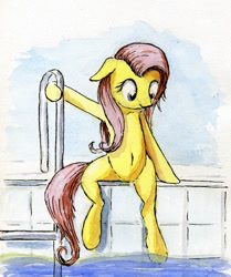 Size: 640x765 | Tagged: safe, artist:el-yeguero, fluttershy, pegasus, pony, belly button, solo, swimming pool, traditional art, watercolor painting
