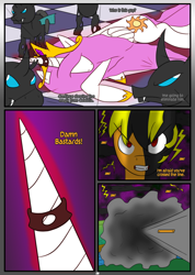 Size: 1238x1742 | Tagged: safe, artist:otakon, princess celestia, oc, oc:dark thunder, alicorn, changeling, pony, comic:canterlot hero, comic, commission