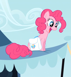 Size: 675x733 | Tagged: safe, screencap, pinkie pie, earth pony, pony, pinkie pride, cute, happy, looking down, open mouth, reaction image, saddle bag, sitting, smiling, solo
