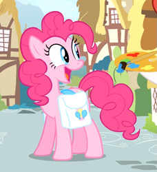 Size: 791x869 | Tagged: safe, screencap, pinkie pie, earth pony, pony, pinkie pride, acrylic paint (character), bush, cute, happy, hooves, mane, paint palette, reaction image, saddle bag, solo focus, tail