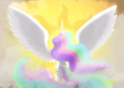 Size: 4961x3508 | Tagged: safe, artist:deathsnail, princess celestia, alicorn, pony, both cutie marks, crepuscular rays, cutie mark, flying, solo, sun