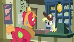 Size: 1280x720 | Tagged: safe, screencap, big macintosh, derpy hooves, earth pony, pony, the break up breakdown, cash register, duo, female, hat, mailmare, mailmare hat, male, mare, package, post office, stallion